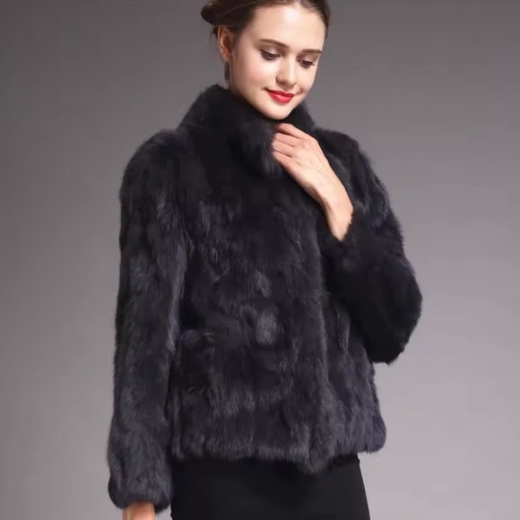 Women's Real Black Fur Jacket (dark gray) - Picture 2 of 4